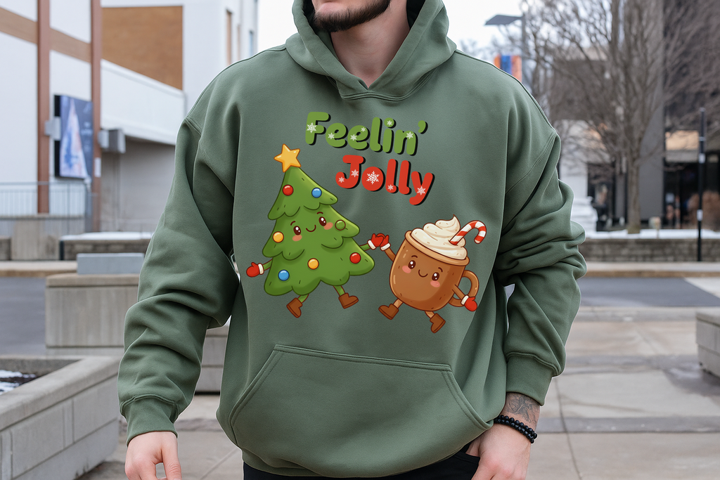 Feelin’ Jolly Christmas Hoodie, Cute Tree & Hot Cocoa Sweatshirt, Funny Holiday Sweater, Cozy Unisex Hoodie, Cute Xmas Gift Idea