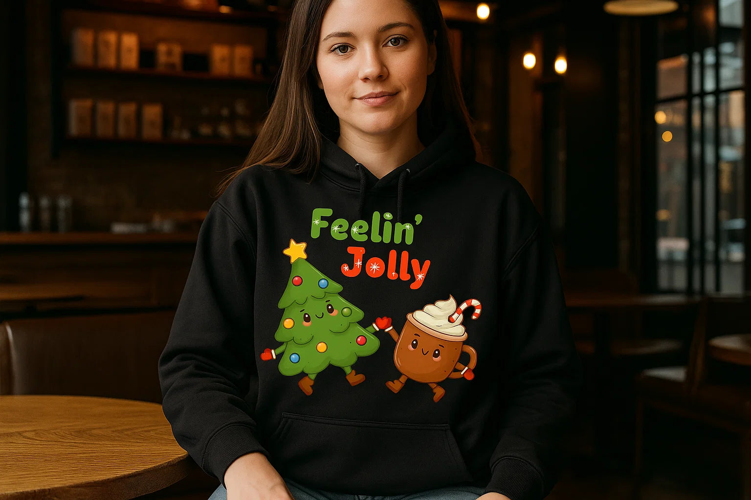 Feelin’ Jolly Christmas Hoodie, Cute Tree & Hot Cocoa Sweatshirt, Funny Holiday Sweater, Cozy Unisex Hoodie, Cute Xmas Gift Idea