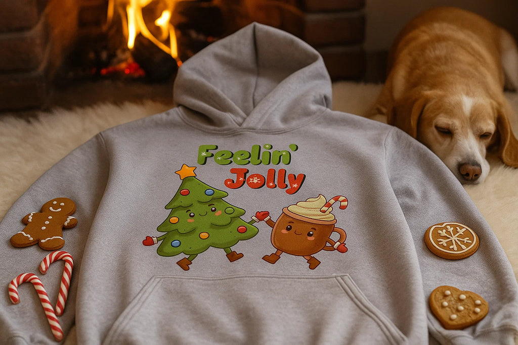 Feelin’ Jolly Christmas Hoodie, Cute Tree & Hot Cocoa Sweatshirt, Funny Holiday Sweater, Cozy Unisex Hoodie, Cute Xmas Gift Idea