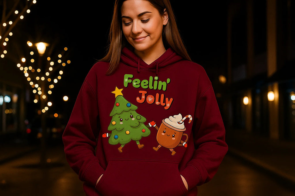 Feelin’ Jolly Christmas Hoodie, Cute Tree & Hot Cocoa Sweatshirt, Funny Holiday Sweater, Cozy Unisex Hoodie, Cute Xmas Gift Idea