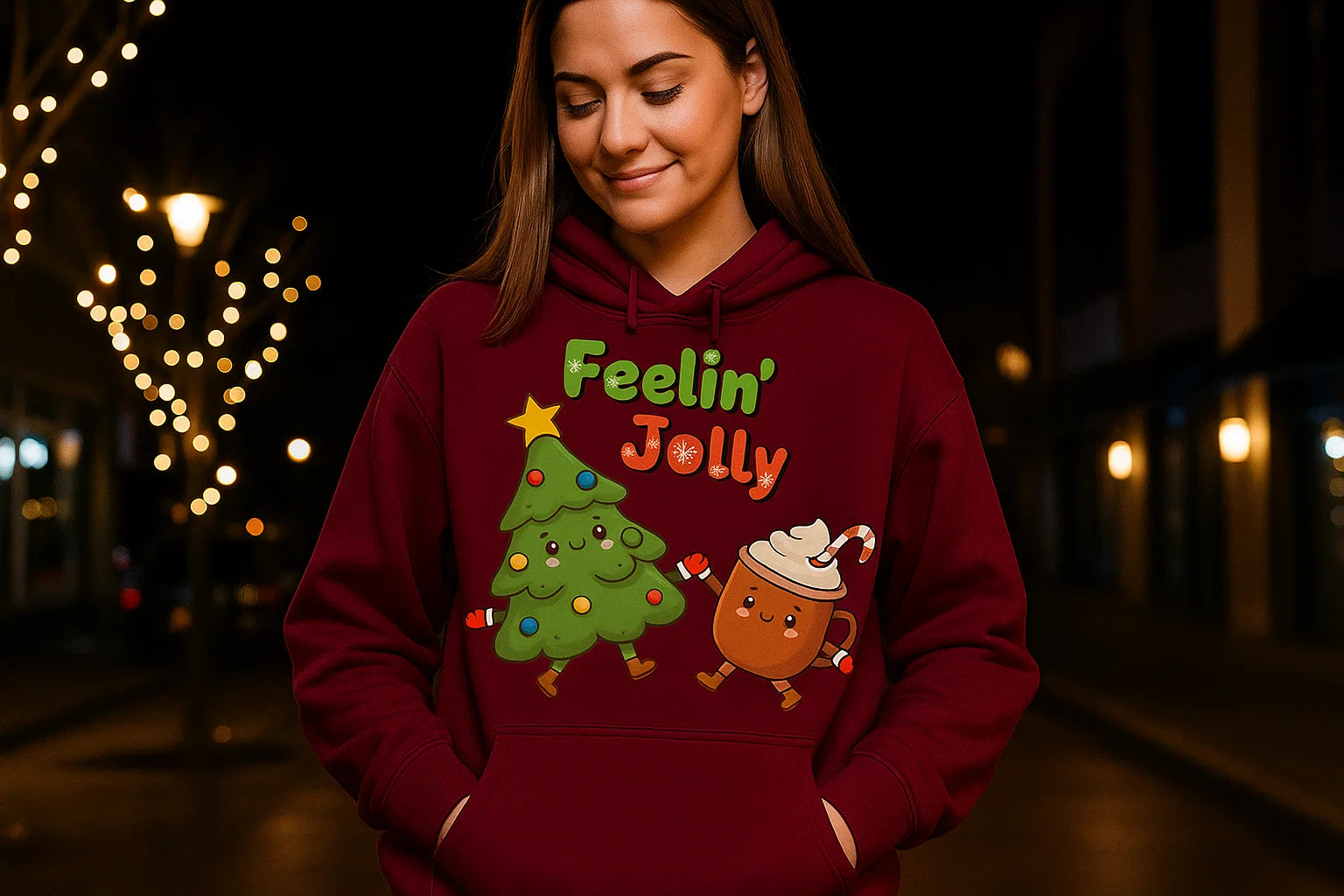 Feelin’ Jolly Christmas Hoodie, Cute Tree & Hot Cocoa Sweatshirt, Funny Holiday Sweater, Cozy Unisex Hoodie, Cute Xmas Gift Idea