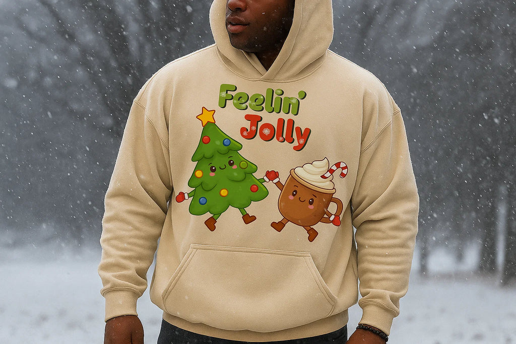 Feelin’ Jolly Christmas Hoodie, Cute Tree & Hot Cocoa Sweatshirt, Funny Holiday Sweater, Cozy Unisex Hoodie, Cute Xmas Gift Idea