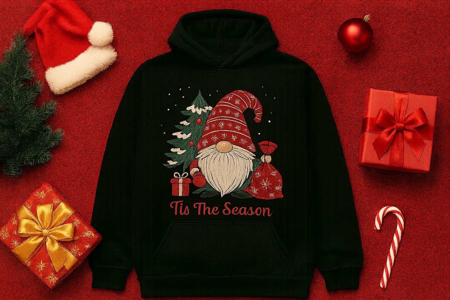 Christmas Gnome Hoodie, Tis The Season Sweatshirt, Cute Holiday Pullover for Her Him, Cozy Winter Hoodie, Scandinavian Xmas Gift Idea