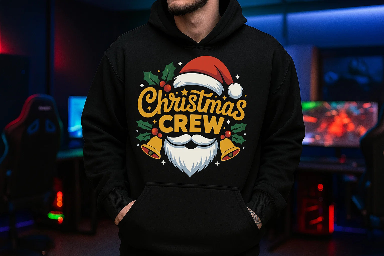 Christmas Crew Hoodie, Santa Beard Holiday Sweatshirt,Funny Matching Family Xmas Outfit,Cozy Unisex Pullover, Holiday Party Gift for Him Her